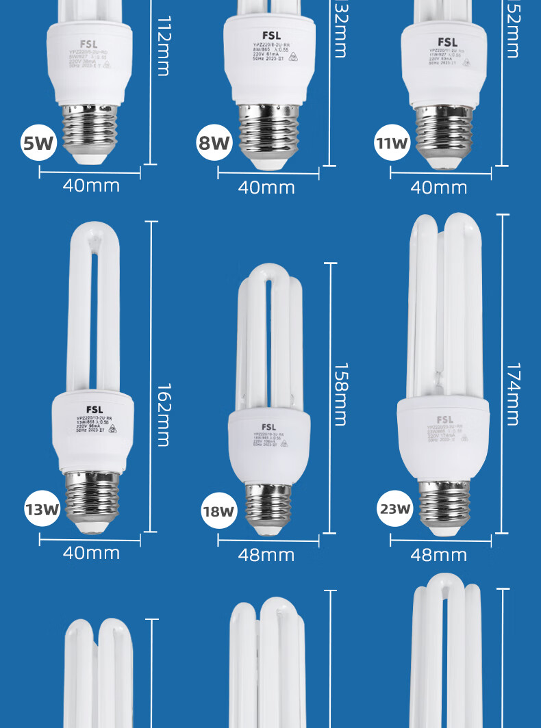 Foshan Lighting (FSL) U-Shaped Energy-Saving Lamp Tri-Color Fluorescent Energy-Saving Bulb 3U Energy-Saving Bulb E27 Screw Base 23W Cool White (6500K) 2