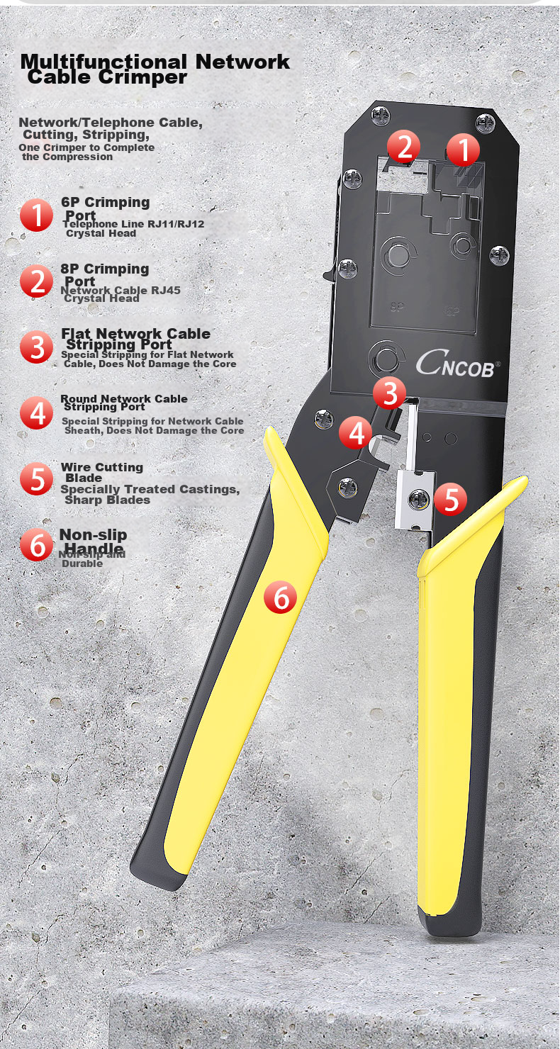 CNCOB Cat6 Ethernet Cable Crimper Set, Labor-Saving Ratchet Spring Design, Dual-Use Stripping And Cutting Pliers, Network Telephone RJ45 Connector Crimping Tool CN-A 10