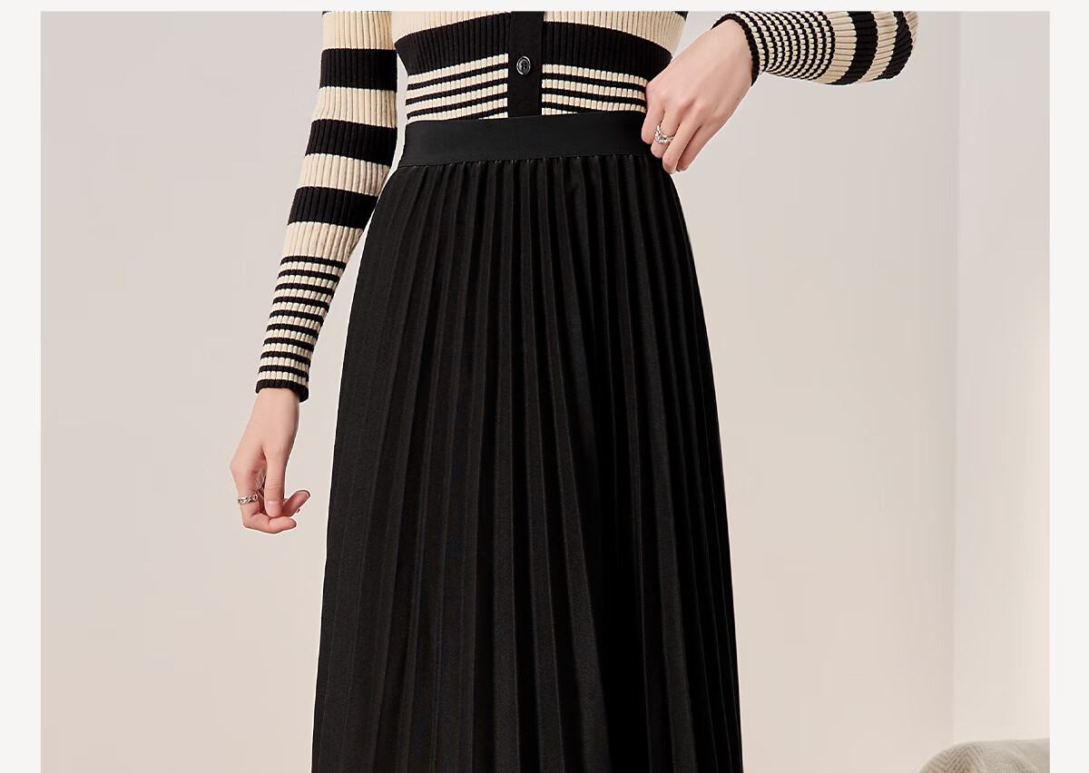 Chushen Spring And Autumn High-Waisted A-Line Midi Skirt for Women, Fashionable Versatile Pleated Skirt S13KB2098 Black 1