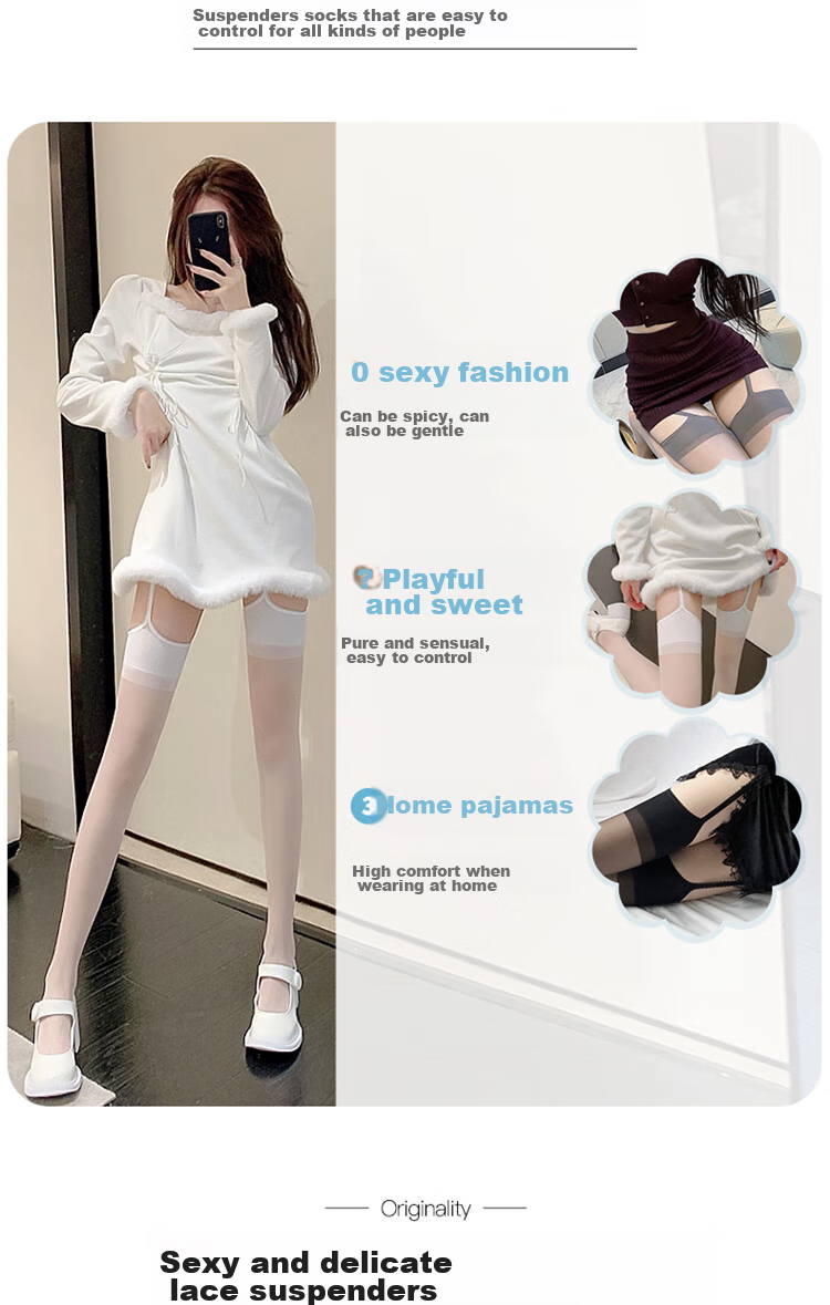 LangSha Sexy One-Piece Suspender Stockings, Ultra-Thin Black Silk Thigh-High Lace Pure Desire Over-Knee Slimming Socks, White, One Size Fits All 2