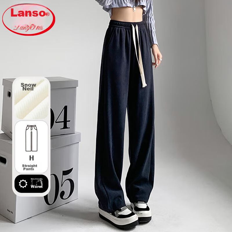 LangSha White Chenille Slim Wide-Leg Pants for Women, Spring And Autumn Thin Style, High-Waisted Draping Straight-Leg Corduroy Casual Sports Trousers