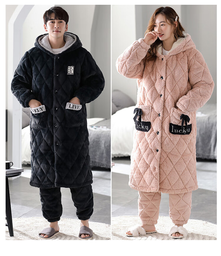 LangSha Couple's Winter Three-Layer Padded Sleepwear, Men's Thickened Coral Fleece Warm Loungewear, Plus Size Home Wear 10