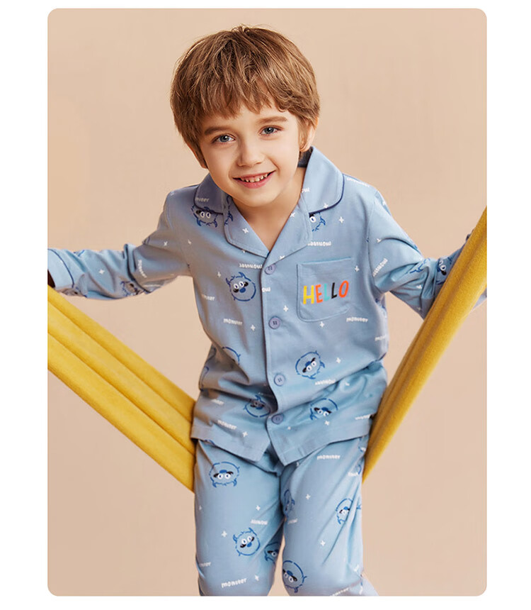 Dingguagua Children's Pajama Set, Spring And Summer Pure Cotton, for Older Boys, Home Wear with Open Front, Light Blue, Size 120 7