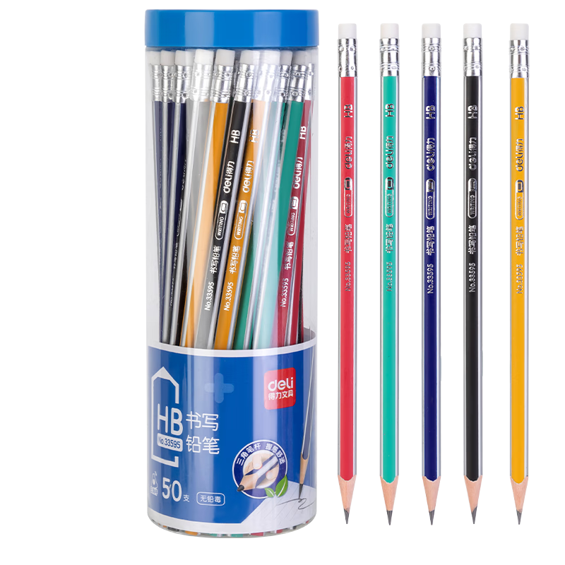 Deli Classic Colored Striped Triangular HB Pencils with Eraser Tip, Student Sketching Drawing Pencils, 50 Pieces Per Barrel, 33595 School Supplies for Students