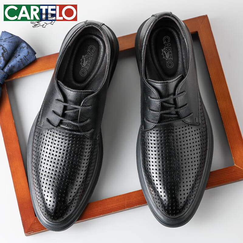 CARTELO Men's Business Leather Shoes, Formal Shoes, Breathable Soft Cowhide, Hollow-Out Perforated Shoes, Leather Sandals for Men 9599, Hollow-Out Style, Size 39