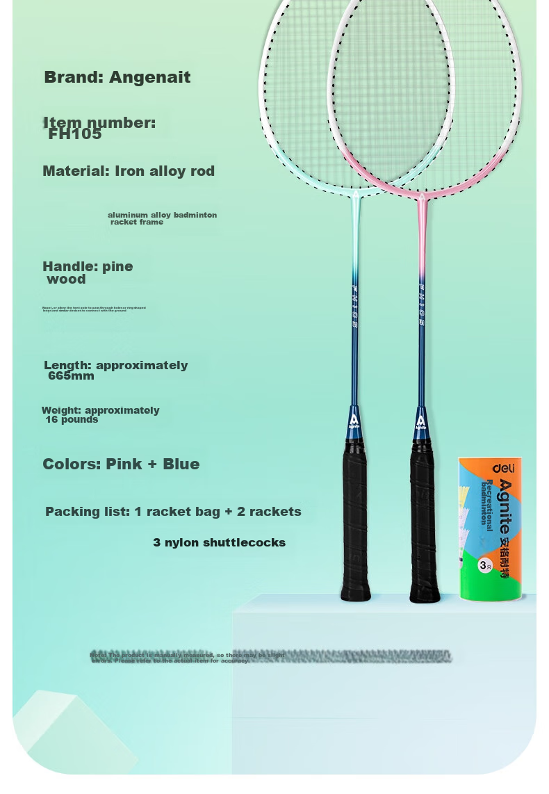 Deli Angenite Wear-Resistant Concave Frame Aluminum Integrated Badminton Racket Classic Beginner Student Entry-Level (Blue-Pink Pair + 3 Shuttlecocks) 14