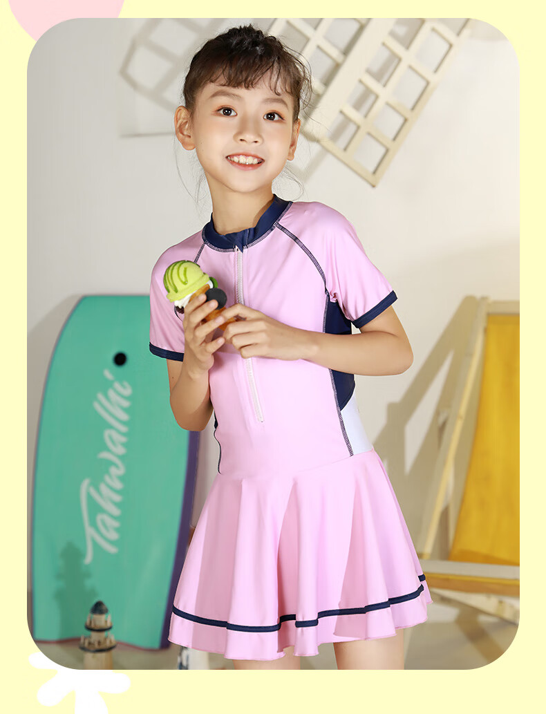 PEAK Children's Swimsuit for Girls, Summer One-Piece Princess Dress Style Sun Protection Swimwear for Older Girls, Hot Spring Bathing Suit, Y Pink, Size 160 10