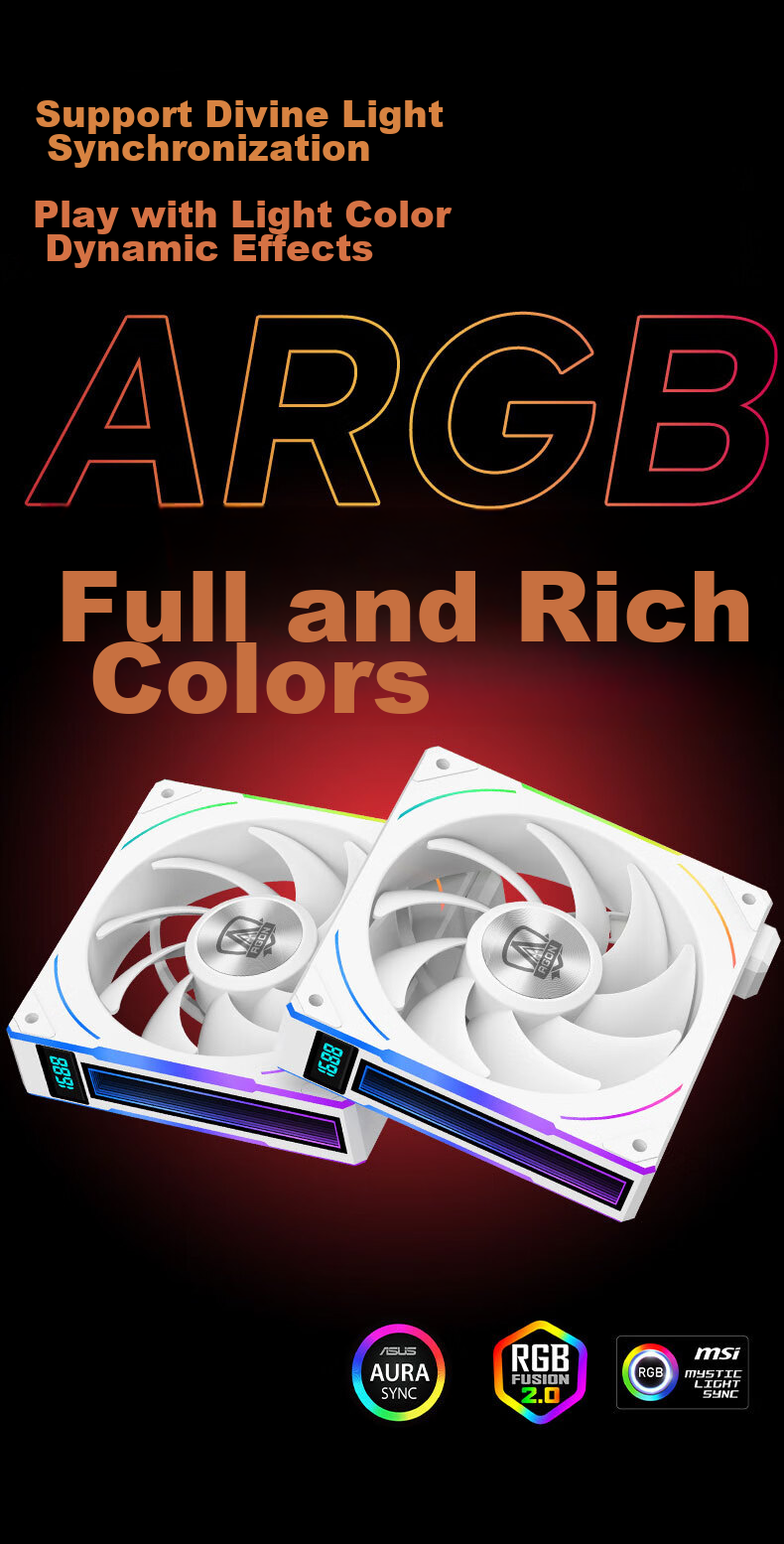 AOC AT120FW/93 White 12CM Desktop Case Cooling Fan with ARGB Lighting Sync, PWM Temperature Control, Dual Ball Bearings, Real-Time Speed Display 6