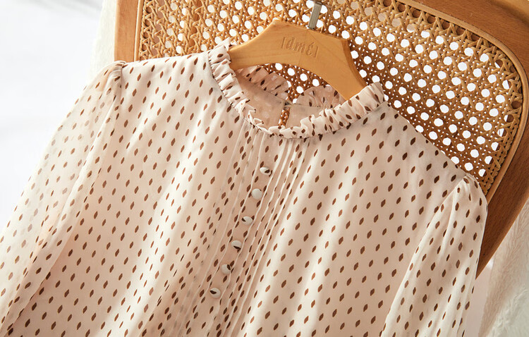 Dme [Polka Dot Puff Sleeve Blouse], Spring And Autumn Stand-Collar Fitted Long-Sleeve Commuter Shirt, Women's Top 11