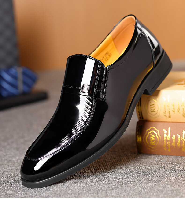 LAORENTOU Leather Dress Shoes for Men, Formal Patent Leather Shoes, Wedding Groom Shoes, Pointed Toe Slip-On Shoes, LA13087, Black, Size 39 11