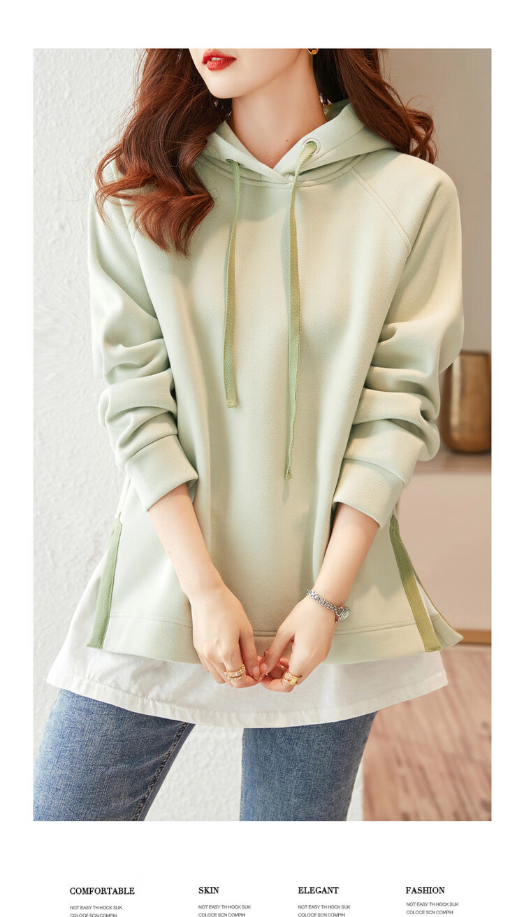 Dme [Split-Style Craftsmanship] Spring And Autumn Hooded Loose Casual Slightly Elastic Long-Sleeve Women's Sweatshirt, Light Water Green, S 4