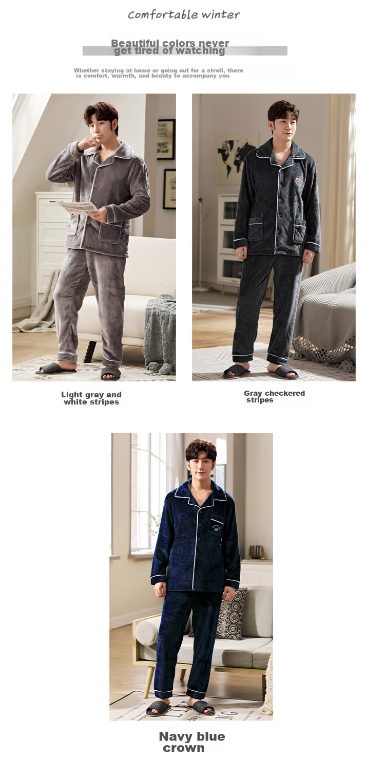 LangSha Men's Pajamas, Winter Flannel Lined Thickened Wearable Loungewear, Two-Piece Set, Warm Outfit 14