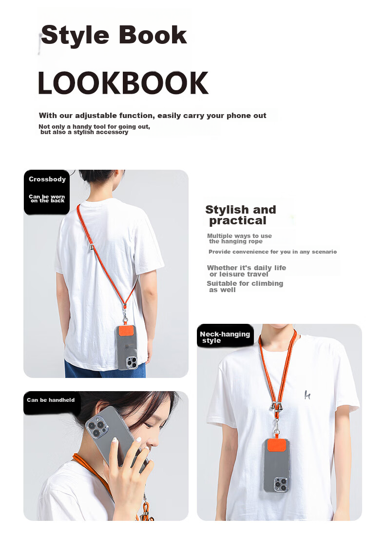 Dipuer Phone Strap Neck Strap Crossbody Adjustable Retractable Anti-Loss Universal Phone Case Durable Long Style Bright Orange [Ring Holder + Clip] 10