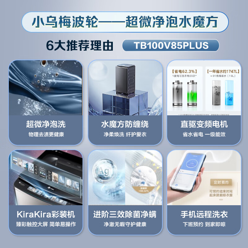 小天鹅（LittleSwan）波轮洗衣机全自动 小乌梅 【TB100V85PLUS] 水魔方防缠绕 超微净泡洗 直驱变频 炫彩大屏 10公斤