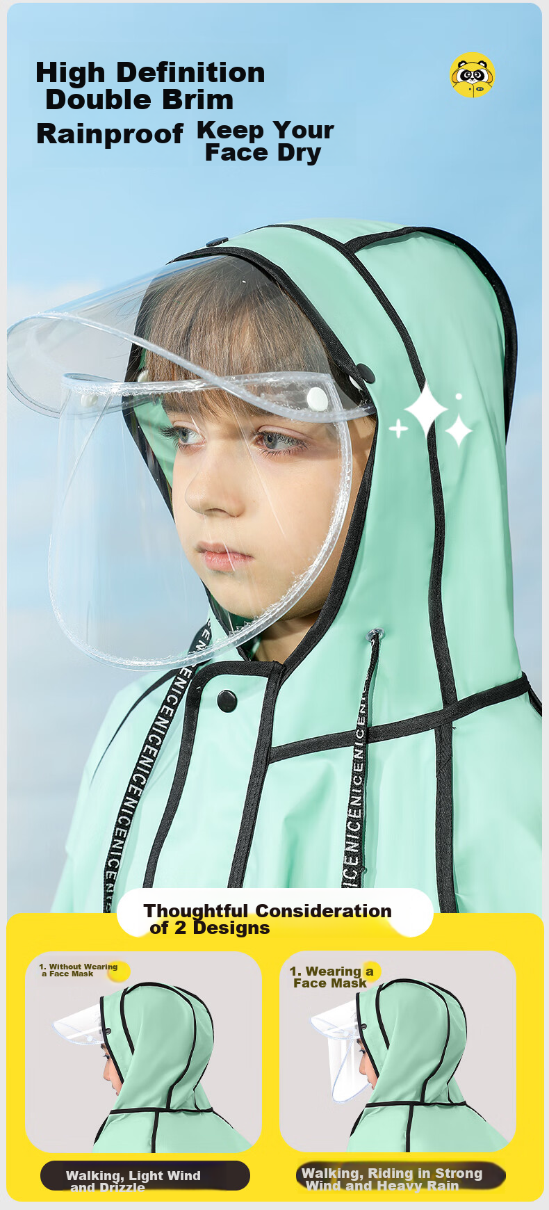 Moremerry Children's Raincoat for Boys And Girls with Backpack Space, Full-Body Waterproof Poncho for School-Age Kids, Pine Green Elephant Pattern, XL Size 7