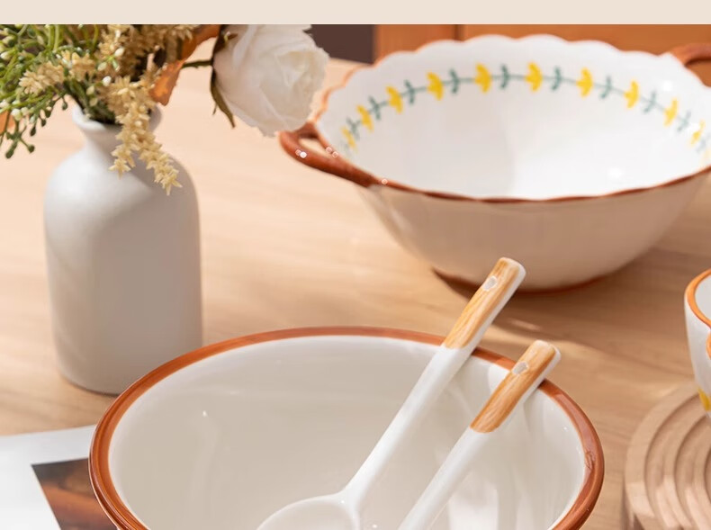 CERAMICS, Shanjuhua 9.5-Inch Double-Handled Soup Bowl, Home Use, High Aesthetic Value, Fresh Ceramic Large Bowl, Heat-Resistant Noodle Bowl with Spoo 4