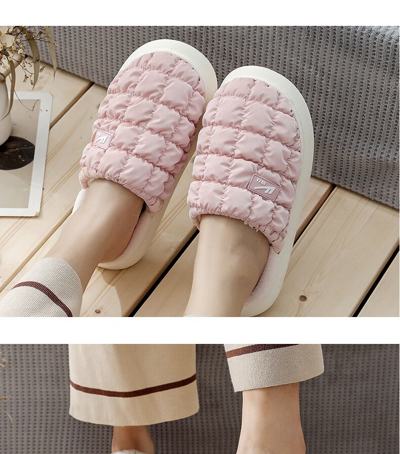 Warrior Soft Glutinous Puff Couple Waterproof Fleece Cotton Slippers Warm Thick Soft Sole Cotton Shoes HL0417 Pink Size 36-37 8