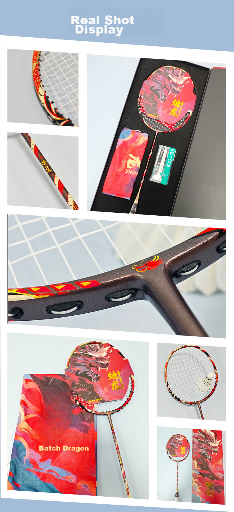KUMPOO Badminton Racket, Lightweight Shock-Absorbing Carbon Solid Core, Double-Edged Composite Frame, Advanced Professional Racket, Shiluo White/red 1