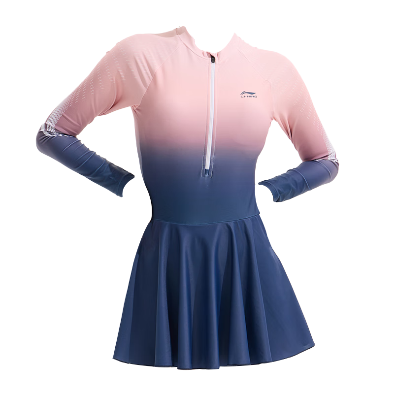 Li-Ning One-Piece Long-Sleeve Dress Swimsuit for Women, Comfortable High-Elasticity Breathable Contrasting Color Hot Spring Resort Swimwear 075 Blue-Red XL