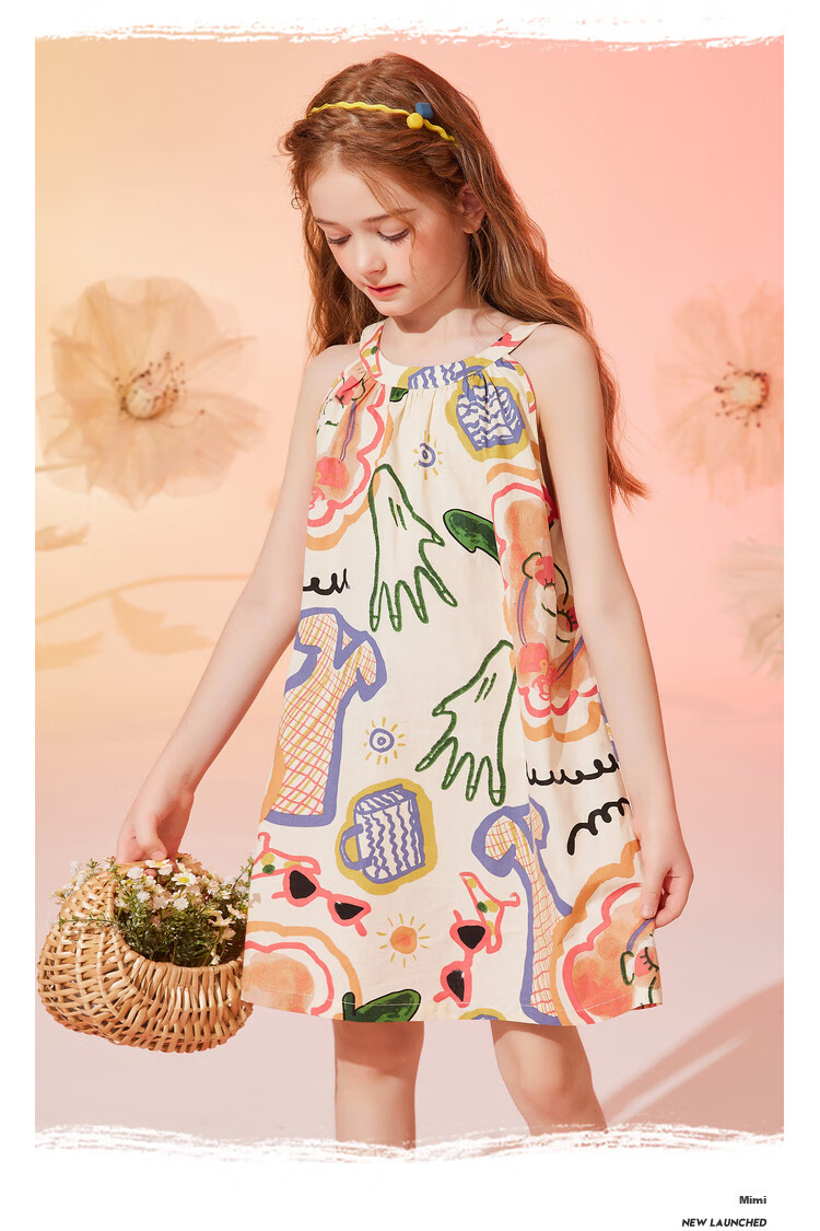 ASK JUNIOR Girls' Summer Dress, Children's Graffiti Spaghetti Strap Princess Dress, Beach Vacation Style 10
