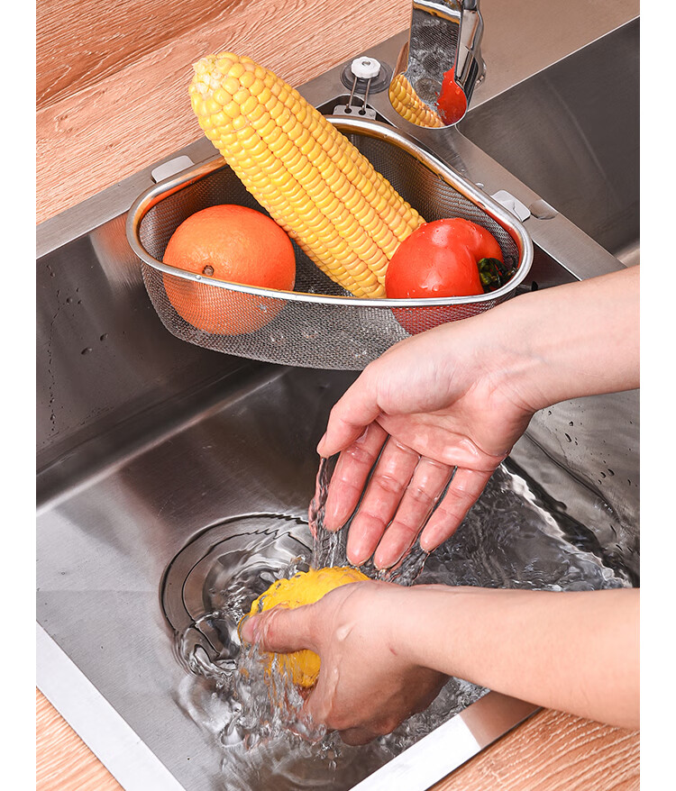 Dipuer Triangular Sink Strainer, Stainless Steel Kitchen Utensil, Multifunctional Drainage, Leftover Food Residue Drainer, Storage Rack 22
