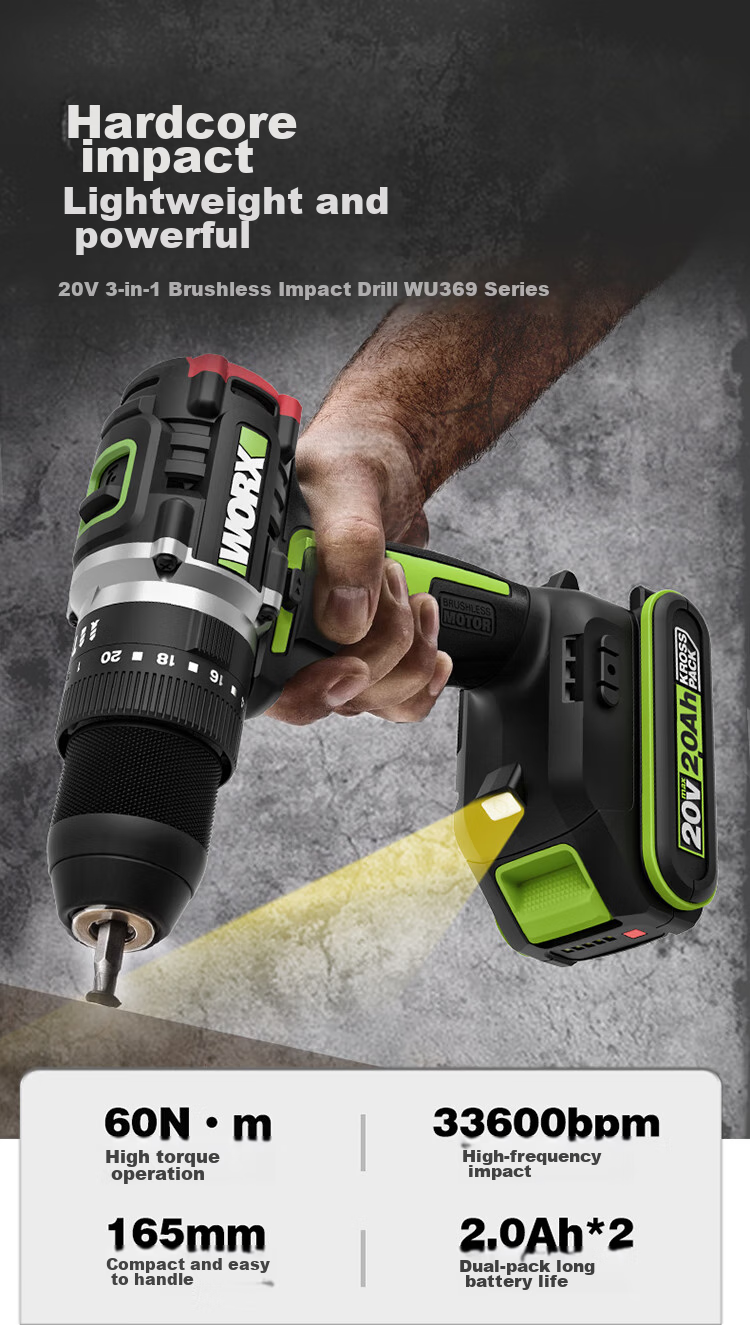 WORX 20V Brushless Impact Drill WU369.1 (Single Battery), Electric Drill with Lithium Battery, Pistol Drill for Home Use, Wall Drilling 2