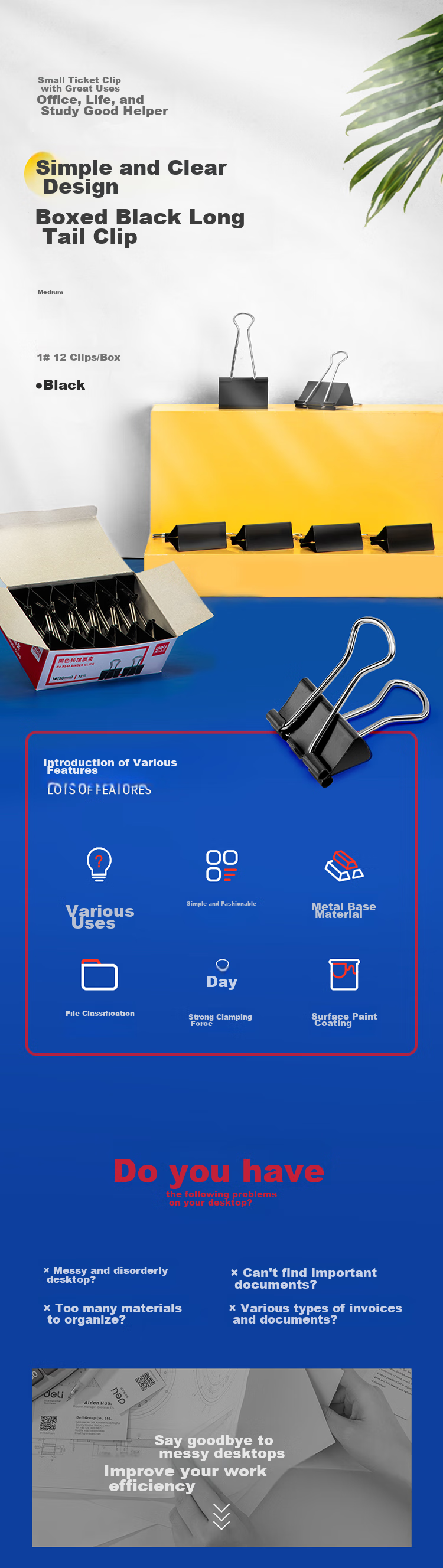 Deli 50mm Extra-Large Metal Black Binder Clips/bill Clips/document Clips, 12 Pieces/box, Office Supplies, 9541 1