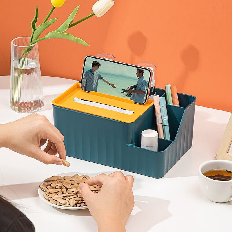 Jindeli Desktop Pen Holder Storage Box, Multifunctional Tissue Box, Stylish Luxury Drawer, Office Desk Stationery, Dormitory Office Supplies Organizer, Large Capacity Blue SN143