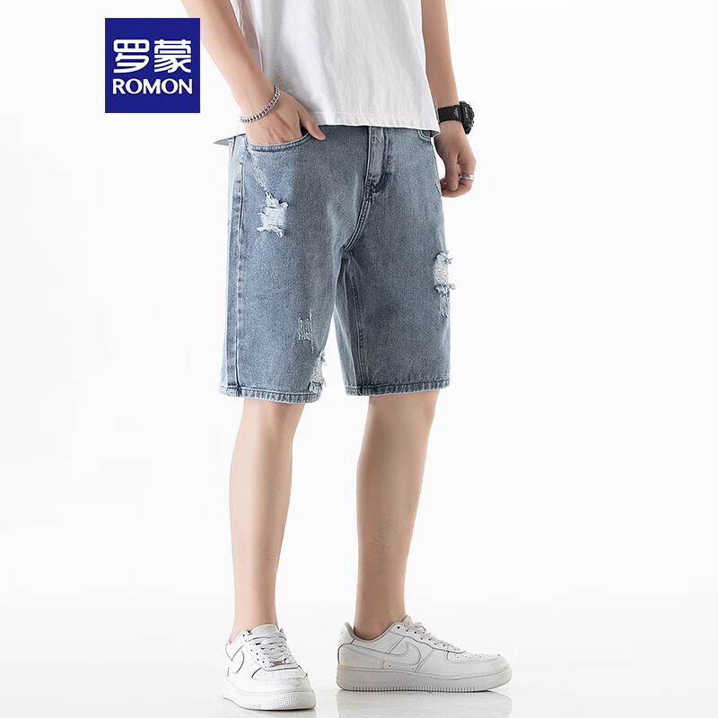 ROMON Men's Denim Shorts, Summer Lightweight Trendy Casual Five-Point Pants, Loose-Fitting Trousers, Men's Clothing 9607 Light Blue M