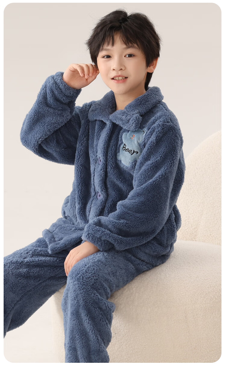 MiiOW Kids Boys Coral Fleece Thickened Flannel Cardigan Autumn Winter Homewear Set 24 New Style 160cm 12
