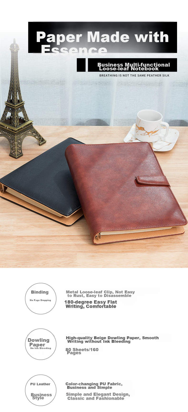 Faramon Loose-Leaf Notebook Stationery, A6 Business Office Notepad, Small Loose-Leaf Notebook, Portable Leather Journal, A6-Brow 1