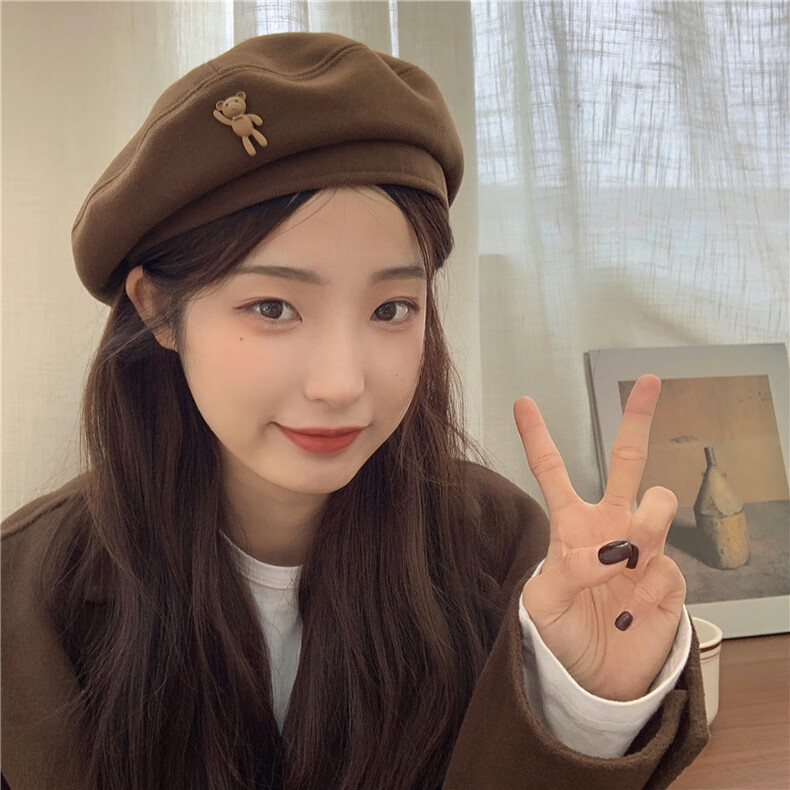 XUEXIMAN Japanese Vintage Cartoon Bear Brown Wool Beret Women's Fashionable Elegant Painter Hat 10