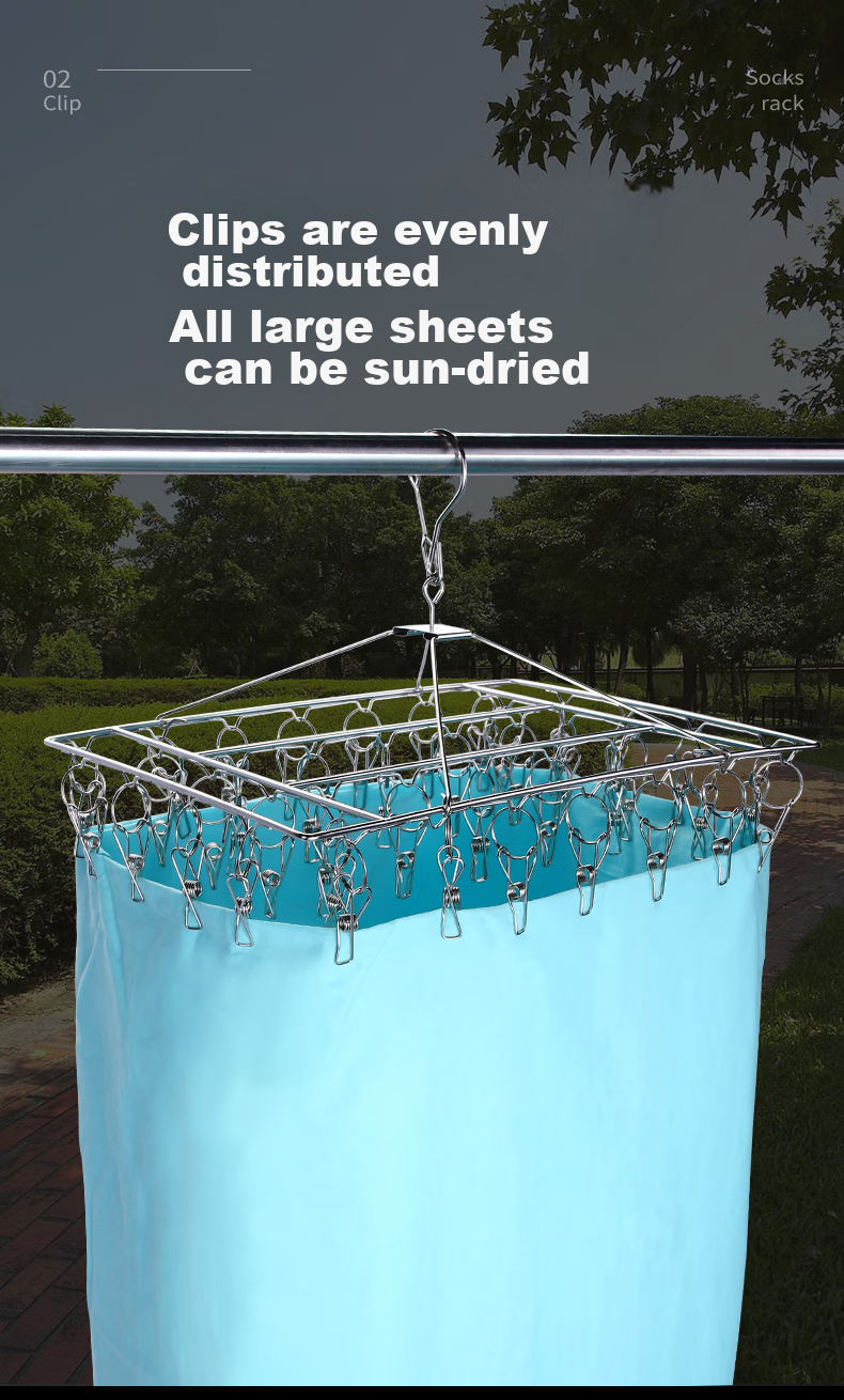 MENGTING Stainless Steel Clothes Drying Rack, 36 Clips for Socks, Windproof Rotatable Thickened Frame 12