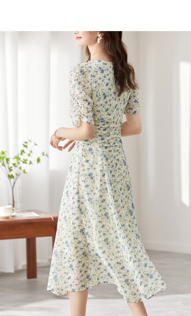 Sentubila Summer French Floral Print Dress, Puff Sleeve Tea Break Dress, Elegant Goddess Style Skirt, Apricot Base with Blue Flowers, M Size 17