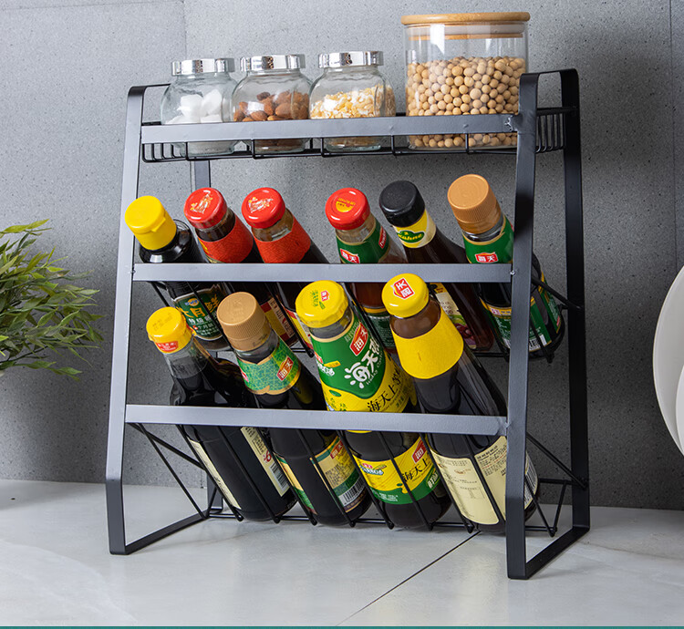 Ourunzhe Kitchen Storage Rack, Countertop Oil Bottle Holder, Spice Rack, Condiment Organizer, No Drilling Required, Desktop Storage Shelf, Slanted Design, 3-Tier 10