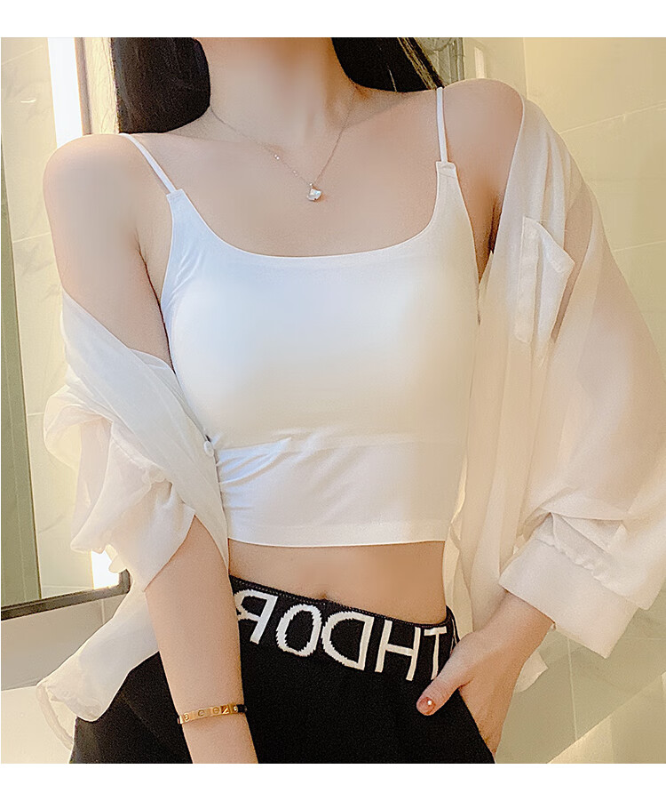 LangSha Camisole Tank Top for Women with Built-In Bra Pads, Inner Or Outer Wear, Ice Silk Summer Undershirt, Bandeau Style, White + Black, 2 Pieces 16