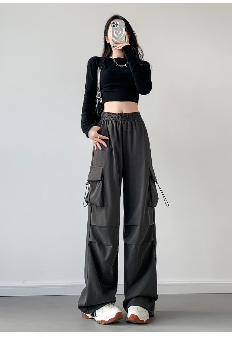 LangSha American-Style Parachute Cargo Pants for Women, Summer Ice Silk High-Waist Wide-Leg Loose Casual Quick-Dry Outdoor Sports Pants 28