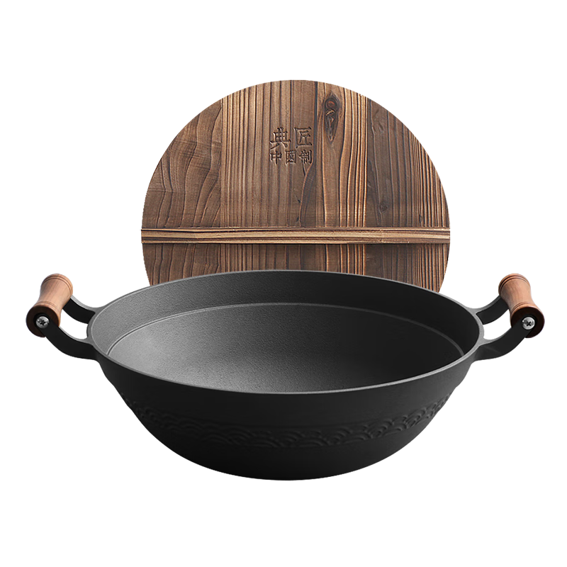 Dianjiang Cast Iron Deep Wok, Uncoated Iron Pan, Round Bottom Double-Handled Stir-Fry Pan, 36cm