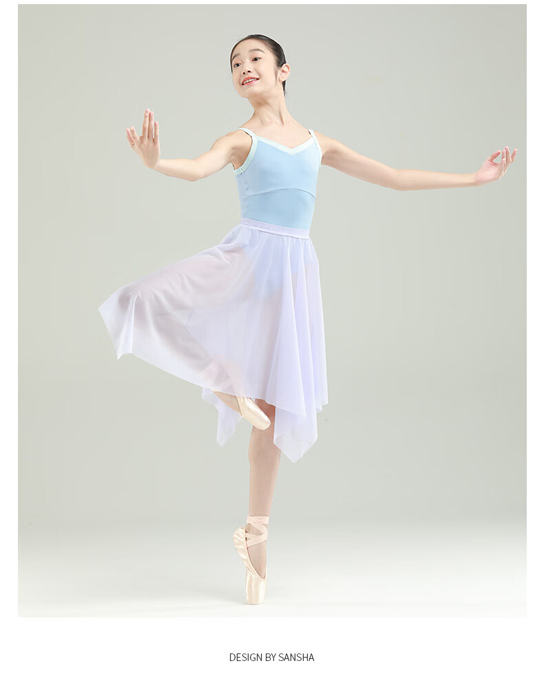 Sansha Girls' Ballet Leotard, Color-Block V-Neck Spaghetti Strap Bodysuit for Children's Dance Practice, Light Blue, Size S 9