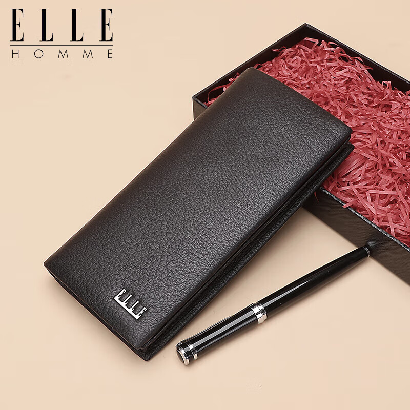 ELLE HOMME Men's Long Wallet, Top-Grain Leather Multifunctional Billfold, Horizontal Style Wallet 1312, Birthday Gift for Me
