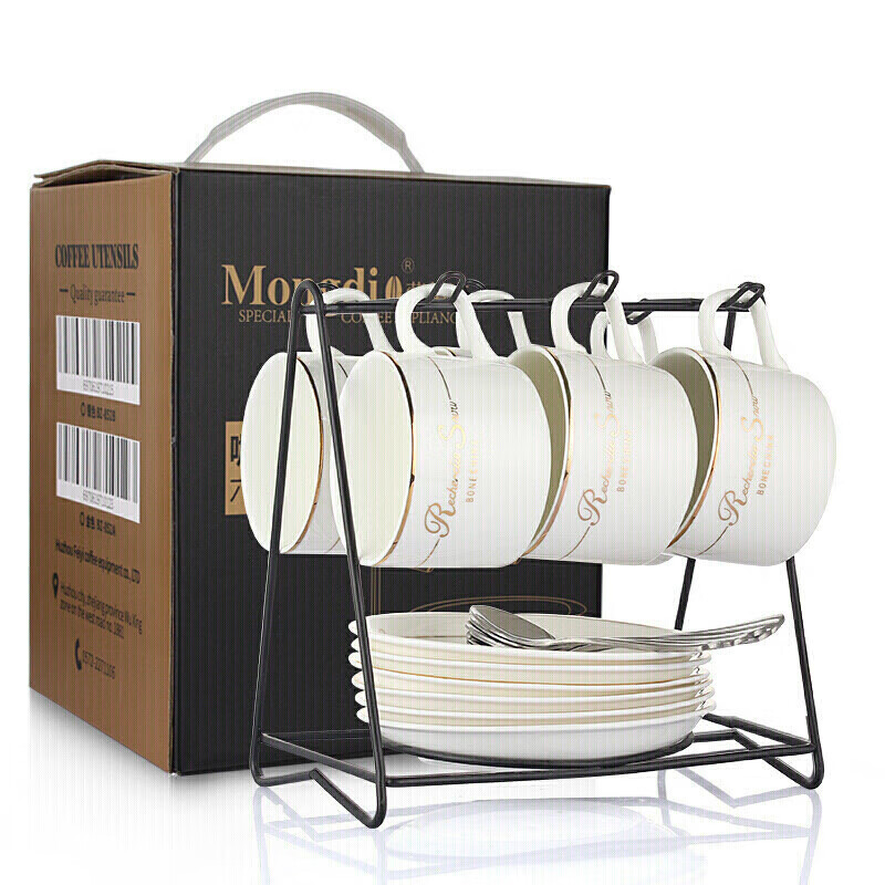 Mongdio Coffee Cup Set, European-Style Gold-Rimmed Ceramic Cups, Mugs, Water Cups, with Handles, 6 Cups, 6 Saucers, 6 Spoons, 1 Cup Holder, Gift Box Set