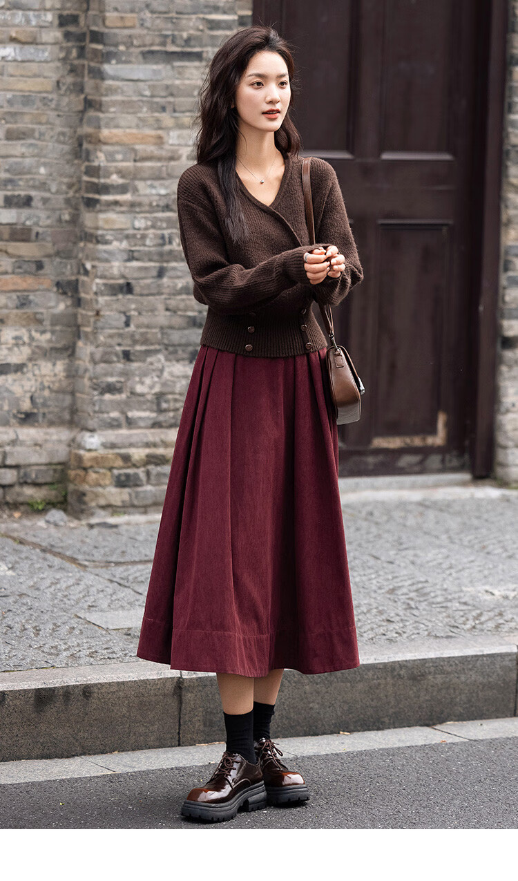 Dme [Crimson French-Style Midi Skirt], Waist-Symmetric Pleated Sharp Long Skirt, Crimson, M 11