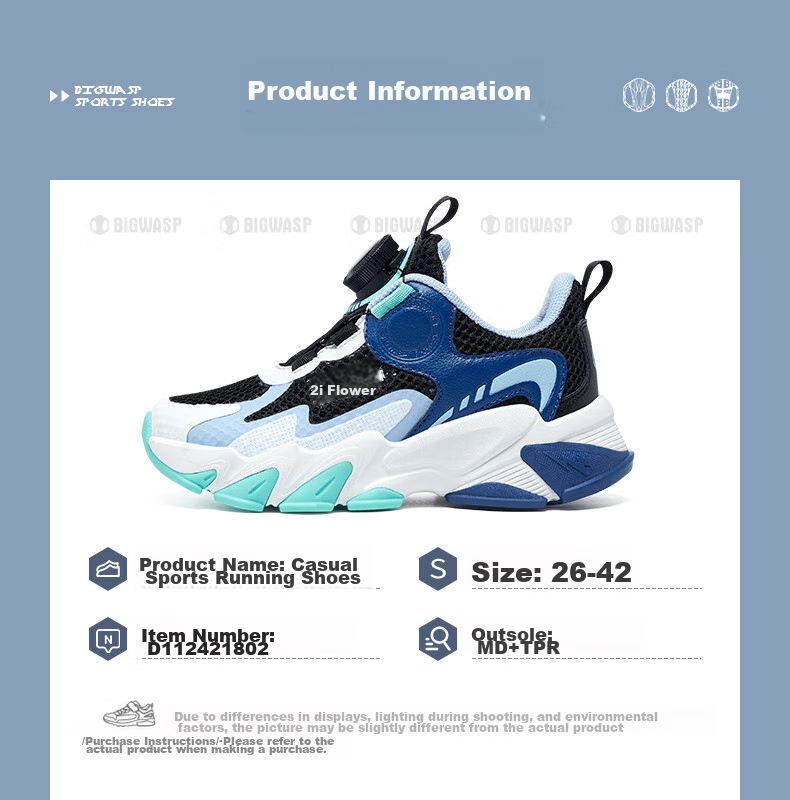 BIG WASP Children's Shoes, Boys' Sneakers, Summer New Style Mesh Rotating Buckle Breathable Running Shoes for Older Kids, Casual Footwear 5