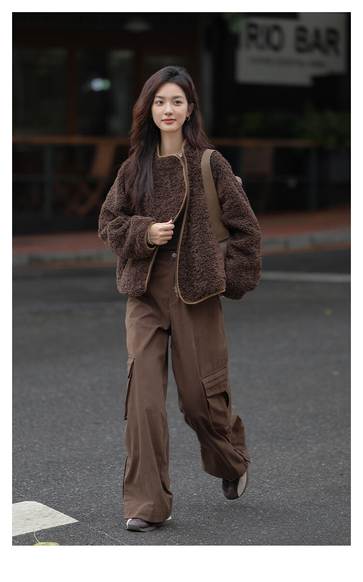 Dme Vintage Plush Jacket Autumn And Winter Style Irregular Arc Zipper Faux Sherpa Coat for Women Coffee Color L 3