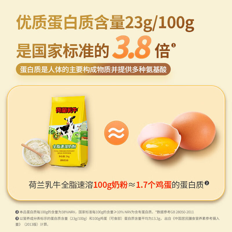 荷兰乳牛速溶奶粉1KG袋 高钙全家全脂成人儿童营养早餐烘焙奶粉 