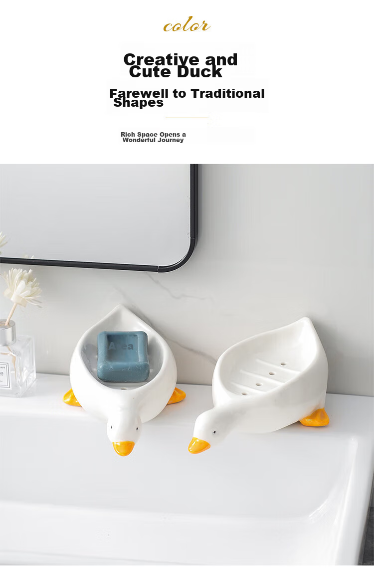 Fanyejia Cartoon Creative Ceramic Soap Dish, Cute Duck Soap Holder, Storage Rack for Bathroom, Non-Draining Soap Tray 3