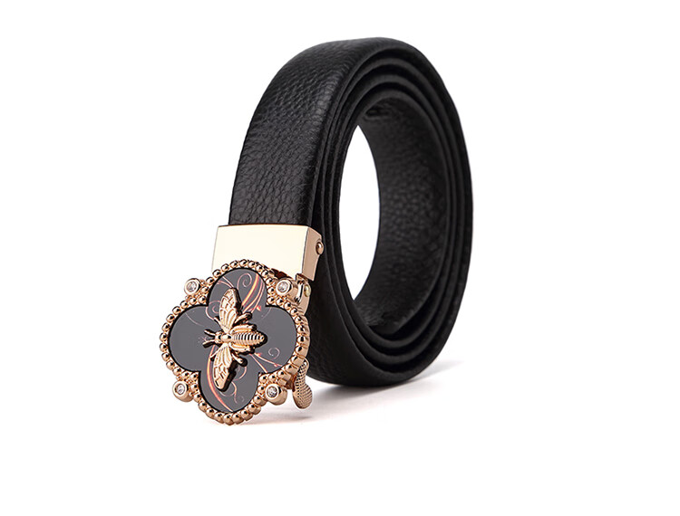 CROCODILE Top-Grain Genuine Leather Versatile Women's Automatic Buckle Belt, Exquisite Bee Buckle Waist Belt, 12821 Black 11