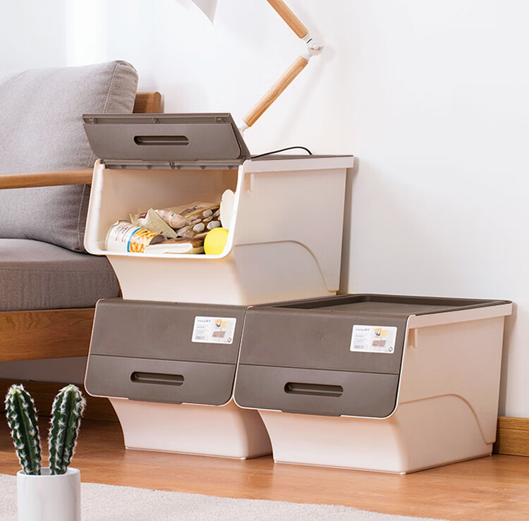 CHAHUA Plastic Clothes Storage Box, 34L, Coffee Color, Set of 3, Slanted Opening with Lid, Closet Organizer Box 5
