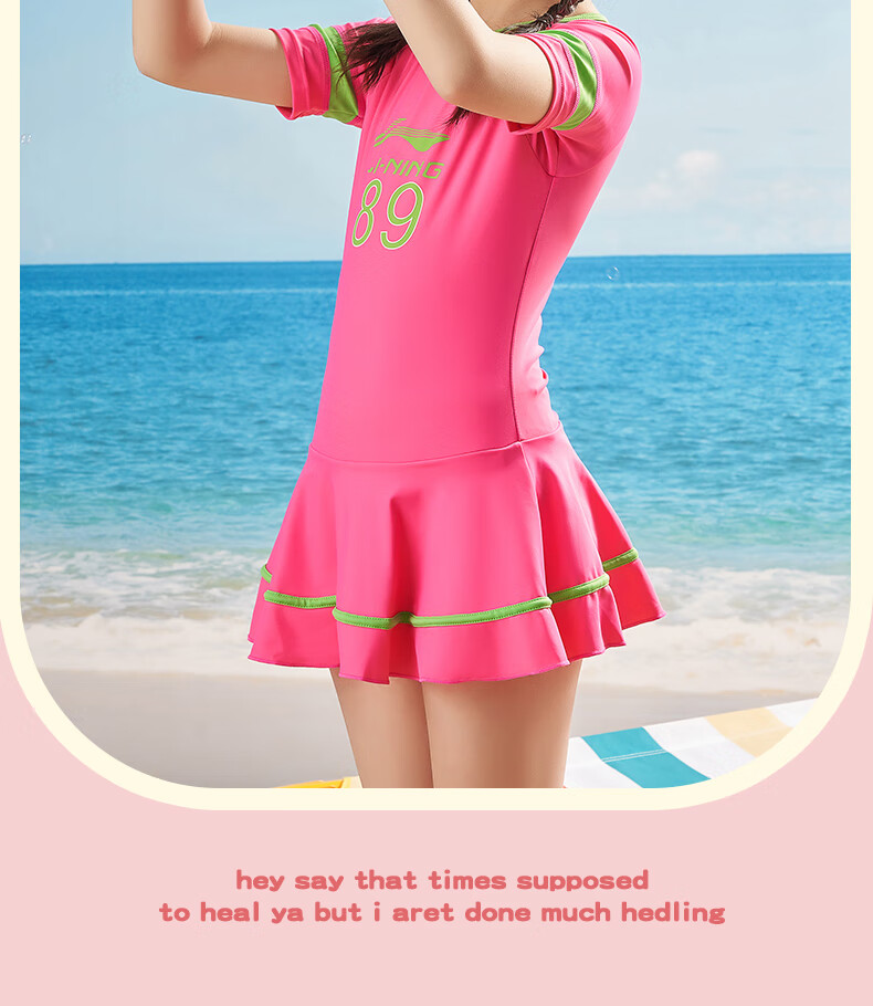 Li-Ning Children's Swimsuit, One-Piece Swimwear, Princess Style for Girls, Korean-Style Skirted Sun Protection Swimwear, Size 58, Pink, 150 13