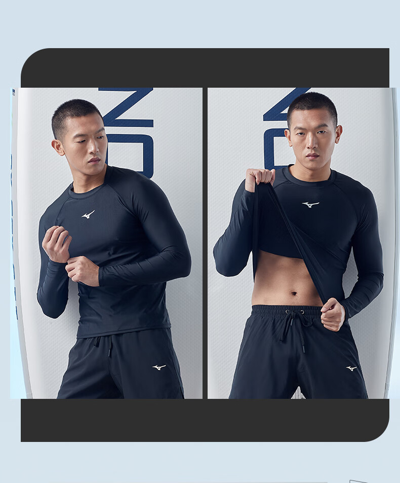 MIZUNO Men's Swimwear Set: Quick-Dry Chlorine-Resistant Anti-Embarrassment Long-Sleeve Swimsuit And Shorts Summer Sports Gear 1127 Black L 19